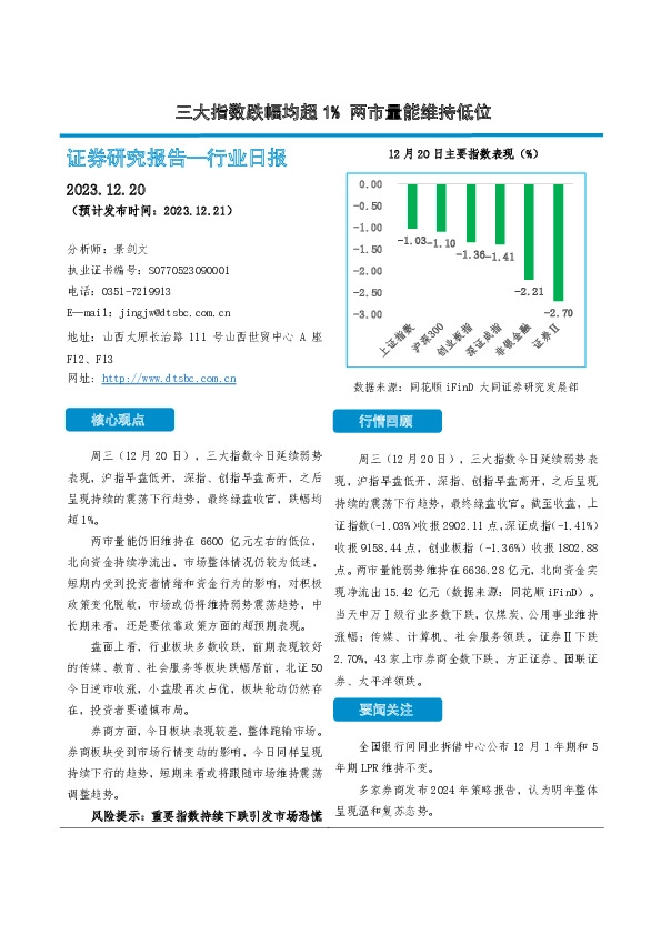 非银金融行业日报：三大指数跌幅均超1% 两市量能维持低位