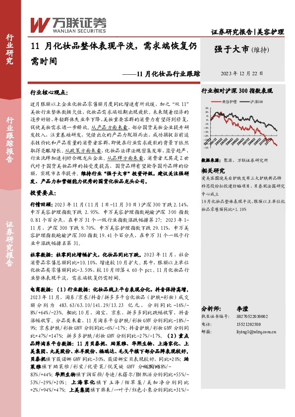 11月化妆品行业跟踪：11月化妆品整体表现平淡，需求端恢复仍需时间