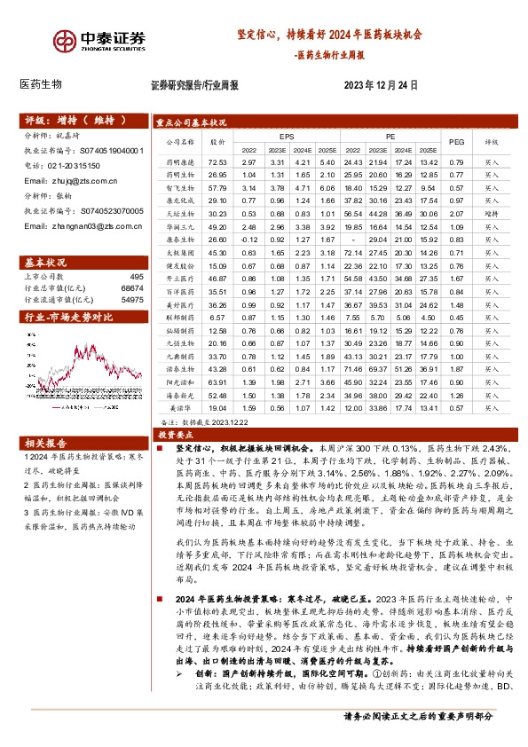 医药生物行业周报：坚定信心，持续看好2024年医药板块机会