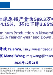 有色金属:2023年11月全球原铝产量为589.3万吨,同比上升4.15%,环比下降3.65%
