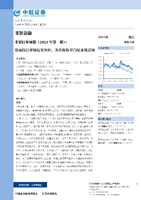 非银行业周报（2024年第一期）：券商投行评级结果出炉，关注保险开门红业绩表现