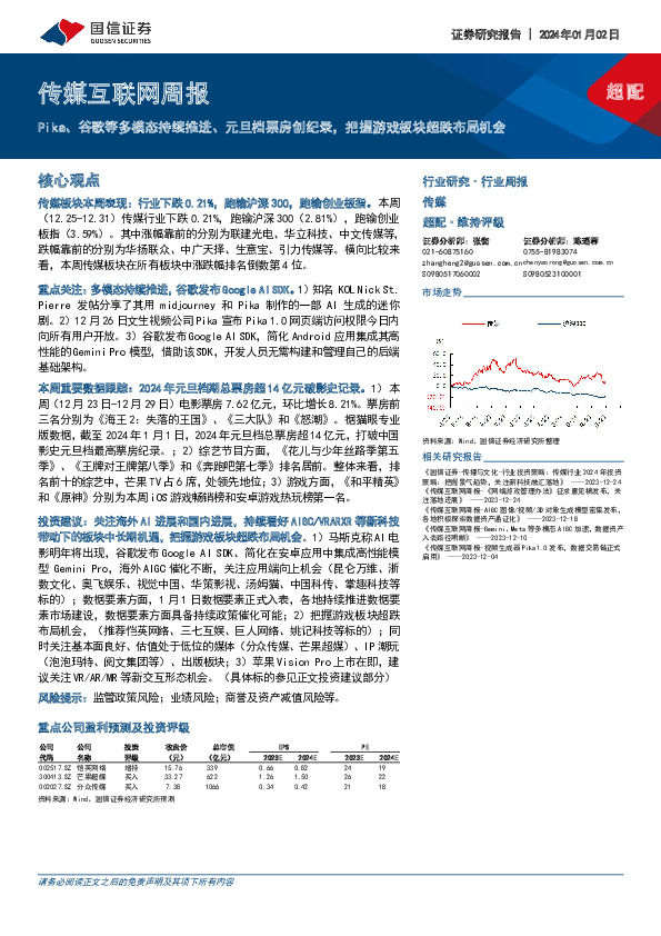 传媒互联网周报：Pika、谷歌等多模态持续推进、元旦档票房创纪录，把握游戏板块超跌布局机会