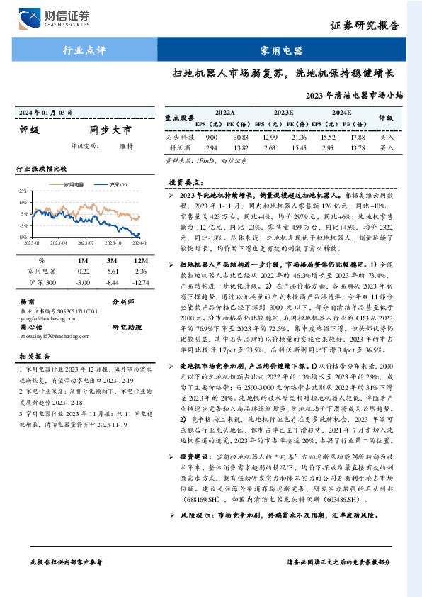 2023年清洁电器市场小结：扫地机器人市场弱复苏，洗地机保持稳健增长
