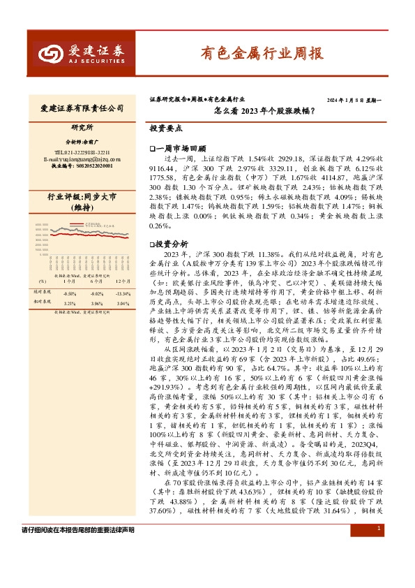 有色金属行业周报：怎么看2023年个股涨跌幅？