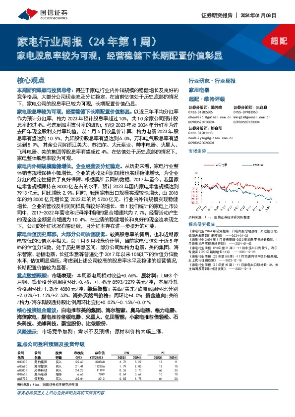 家电行业周报（24年第1周）：家电股息率较为可观，经营稳健下长期配置价值彰显