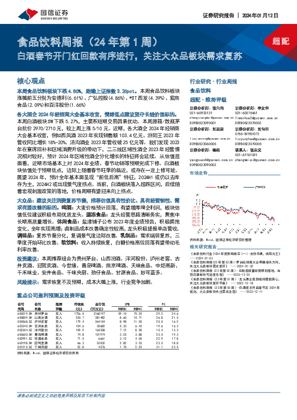 食品饮料周报（24年第1周）：白酒春节开门红回款有序进行，关注大众品板块需求复苏