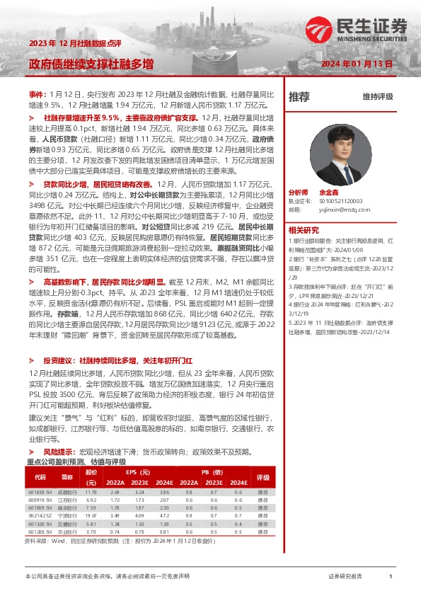 银行2023年12月社融数据点评：政府债继续支撑社融多增