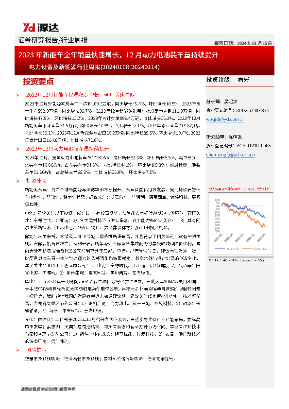 电力设备及新能源行业周报：2023年新能车全年销量快速增长，12月动力电池装车量持续提升