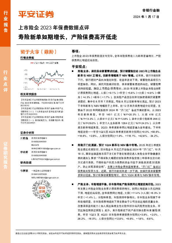 上市险企2023年保费数据点评：寿险新单如期增长，产险保费高开低走