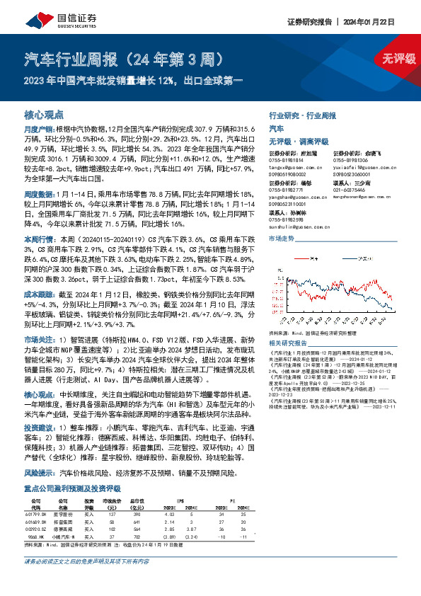 汽车行业周报（24年第3周）：2023年中国汽车批发销量增长12%，出口全球第一