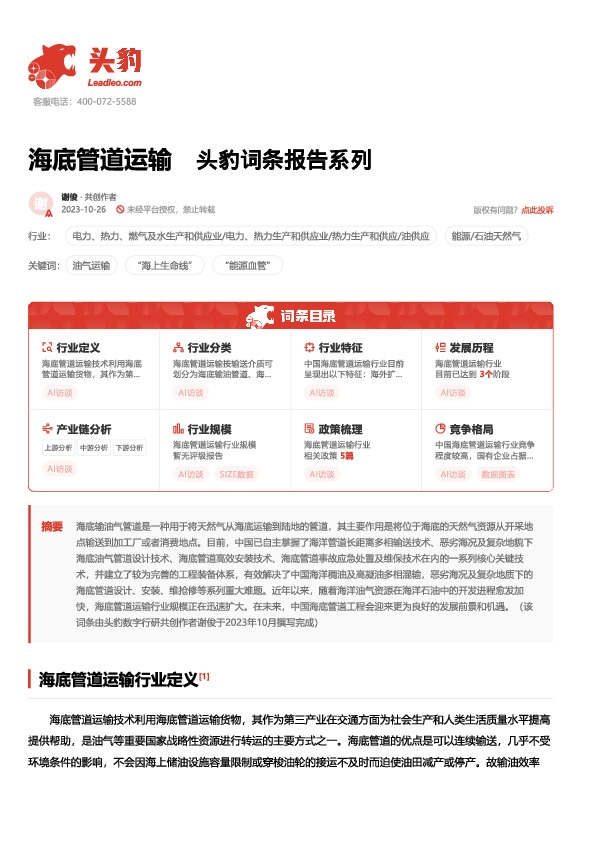 海底管道运输 头豹词条报告系列