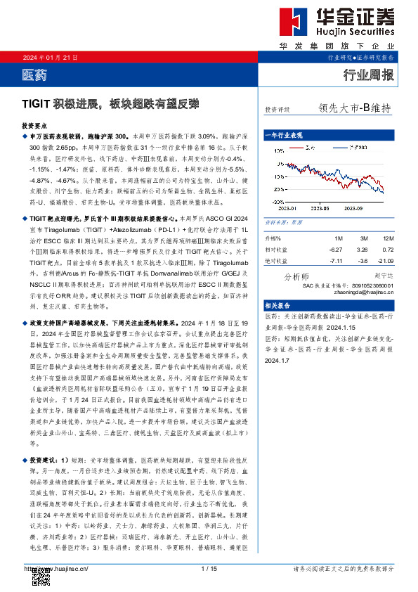 医药行业周报：TIGIT积极进展，板块超跌有望反弹