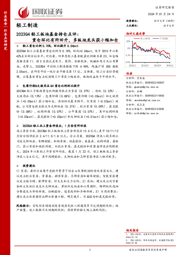 2023Q4轻工板块基金持仓点评：重仓环比有所回升，多板块龙头获小幅加仓