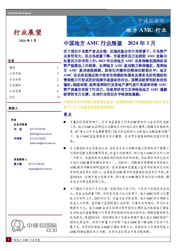 中国地方AMC行业展望 2024年1月