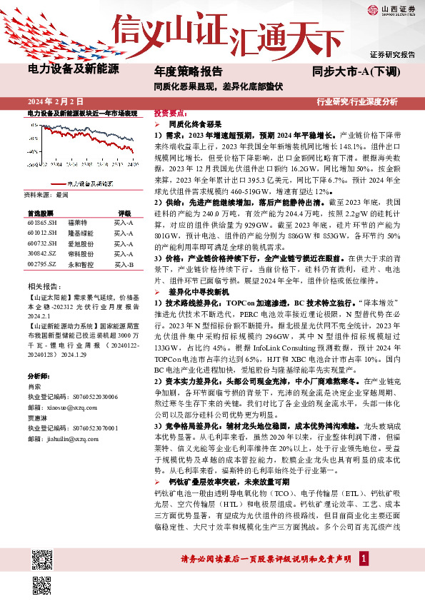 电力设备及新能源年度策略报告：同质化恶果显现，差异化底部蛰伏