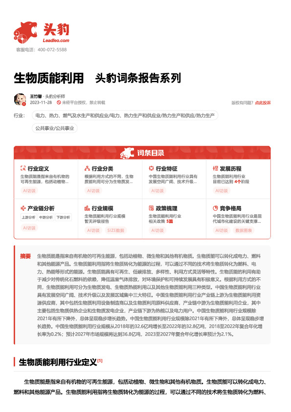 生物质能利用 头豹词条报告系列