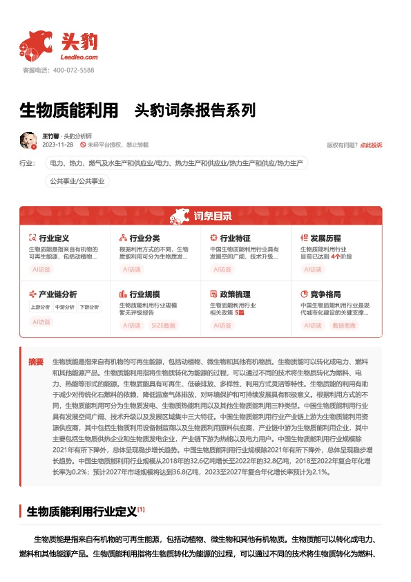 生物质能利用 头豹词条报告系列