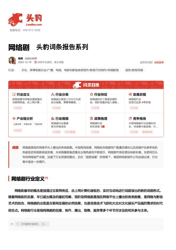 网络剧 头豹词条报告系列