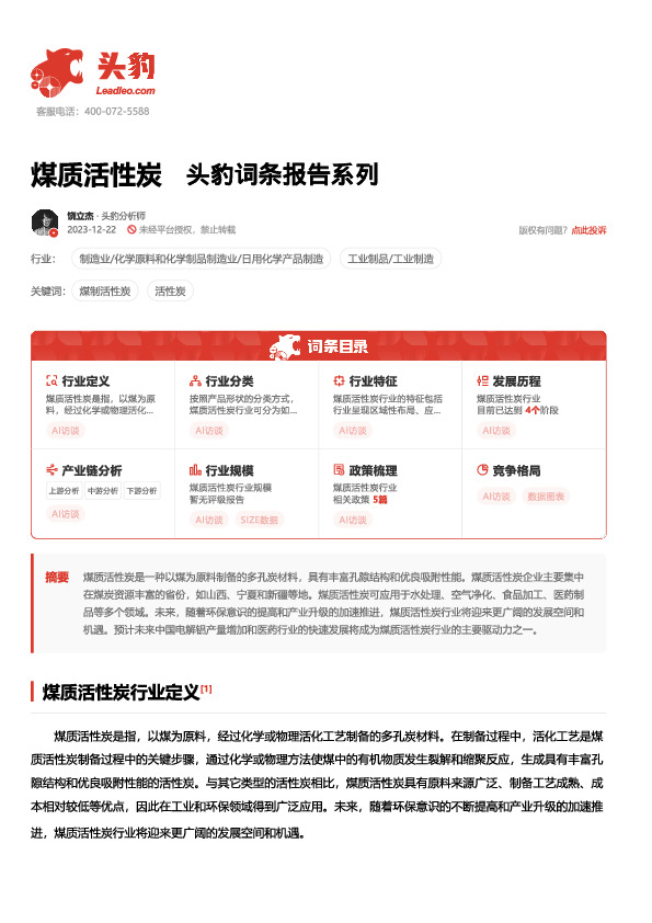 煤质活性炭 头豹词条报告系列