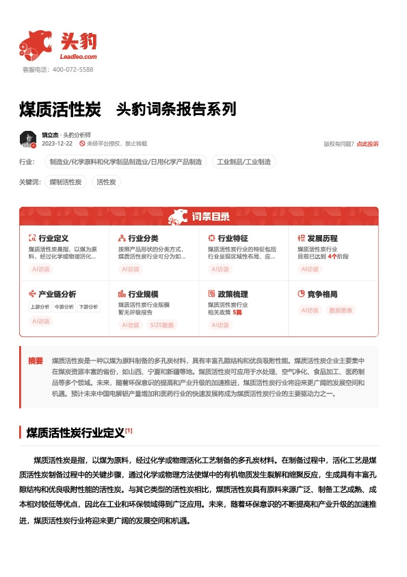 煤质活性炭 头豹词条报告系列