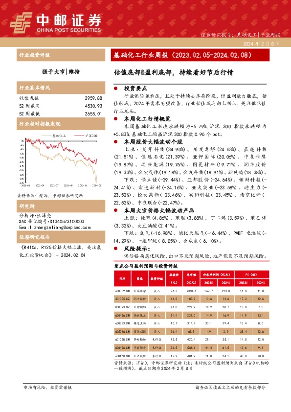 基础化工行业周报：估值底部&盈利底部，持续看好节后行情