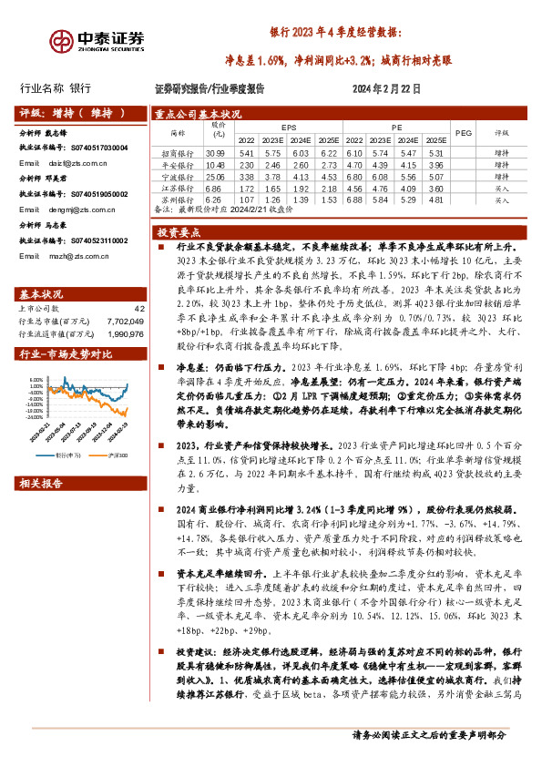 银行2023年4季度经营数据：净息差1.69%，净利润同比+3.2%；城商行相对亮眼