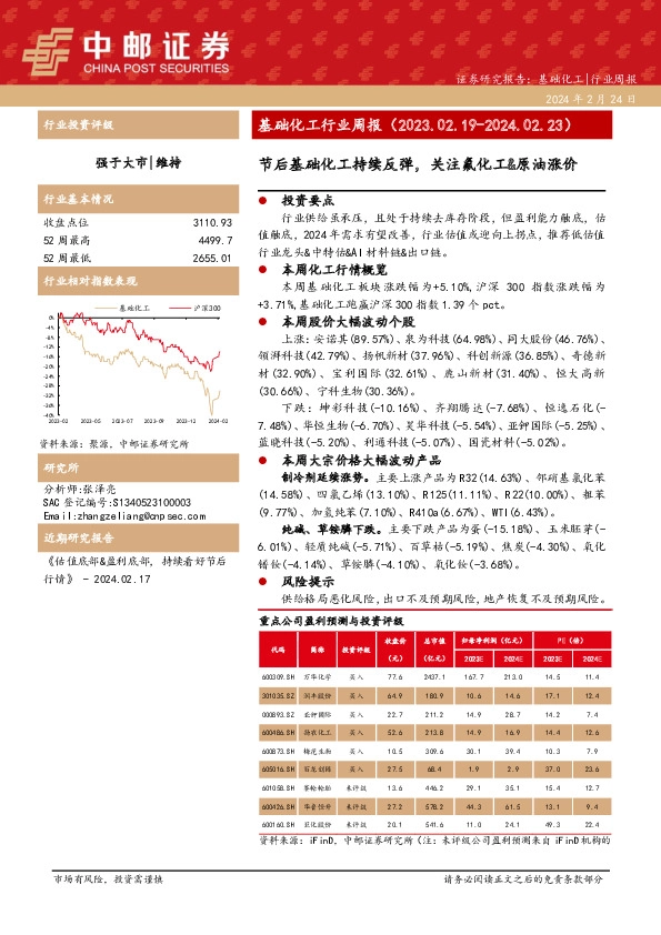 基础化工行业周报：节后基础化工持续反弹，关注氟化工&原油涨价