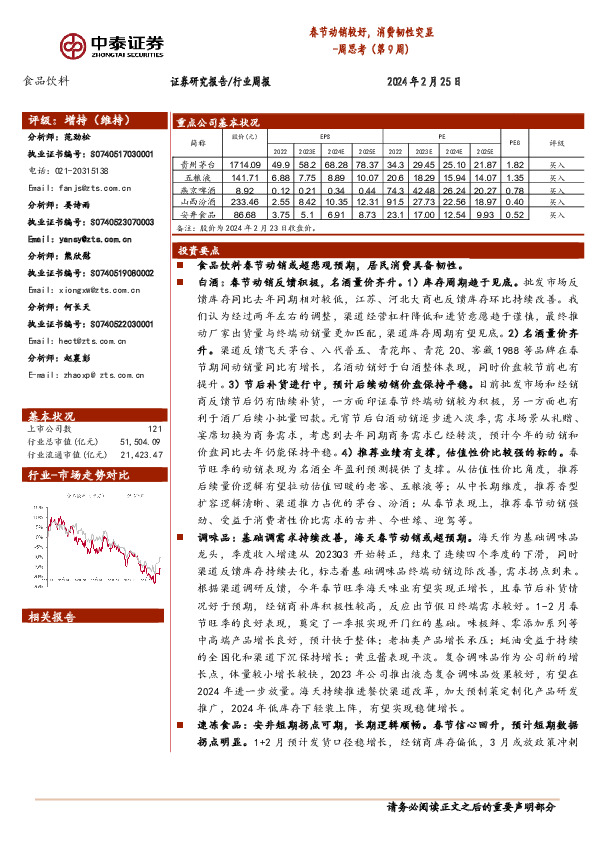 食品饮料行业周思考(第9周)：春节动销较好，消费韧性突显