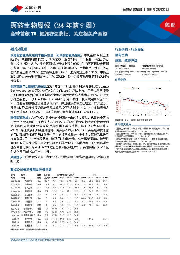 医药生物周报(24年第9周)：全球首款TIL细胞疗法获批，关注相关产业链