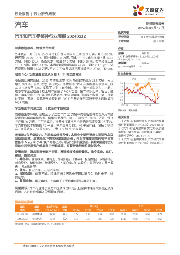 汽车和汽车零部件行业周报