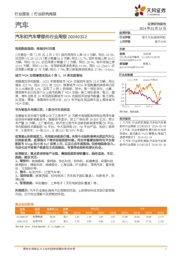 汽车和汽车零部件行业周报