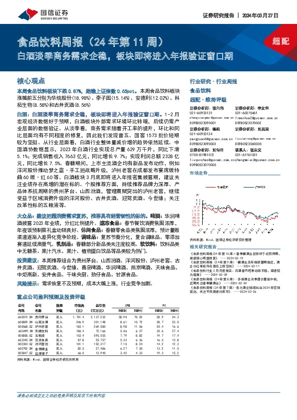 食品饮料周报（24年第11周）：白酒淡季商务需求企稳，板块即将进入年报验证窗口期