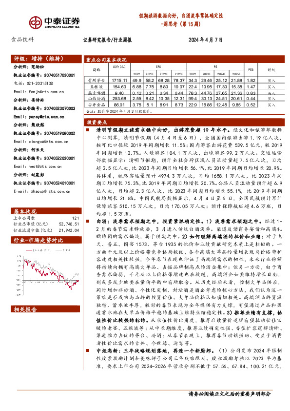 食品饮料行业周思考（第15周）：假期旅游数据向好，白酒淡季紧抓确定性
