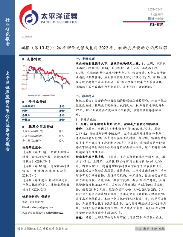 农林牧渔周报（第13期）：24年猪价走势或复刻2022年，被动去产能动力仍然较强