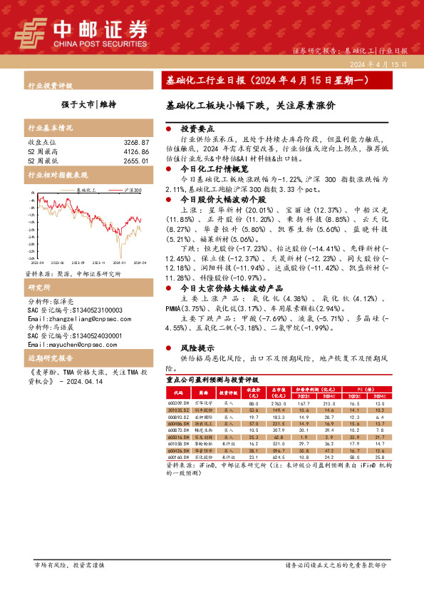 基础化工行业日报：基础化工板块小幅下跌，关注尿素涨价