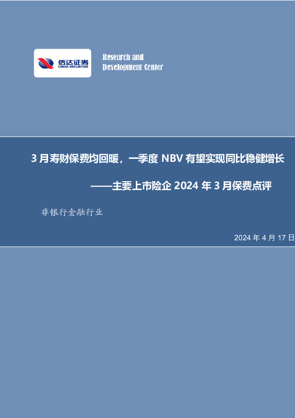主要上市险企2024年3月保费点评：3月寿财保费均回暖，一季度NBV有望实现同比稳健增长