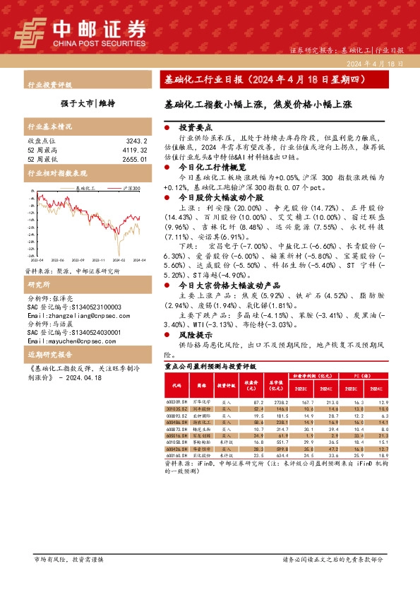 基础化工行业日报：基础化工指数小幅上涨，焦炭价格小幅上涨
