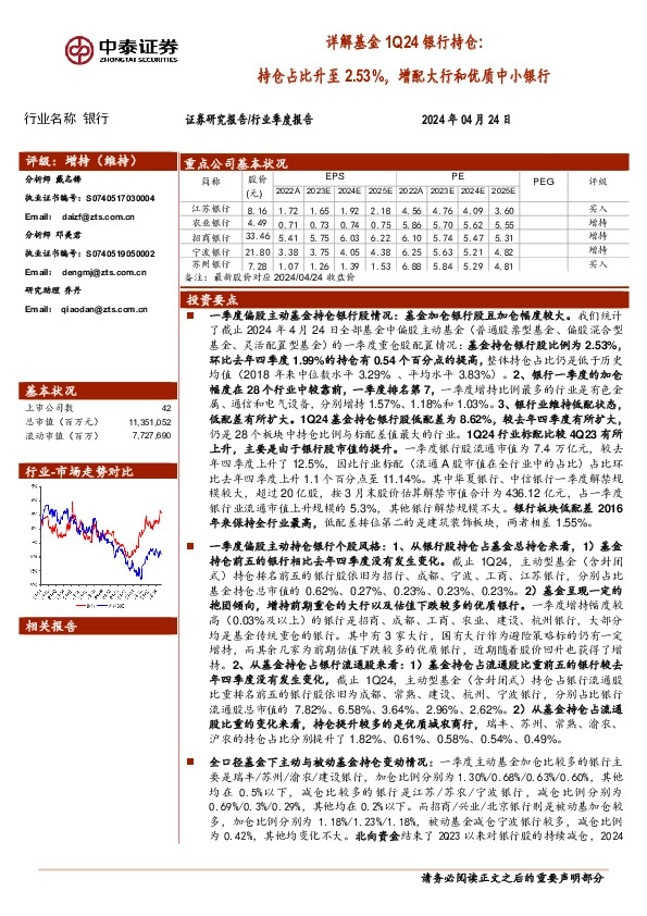 银行业详解基金1Q24银行持仓：持仓占比升至2.53%，增配大行和优质中小银行