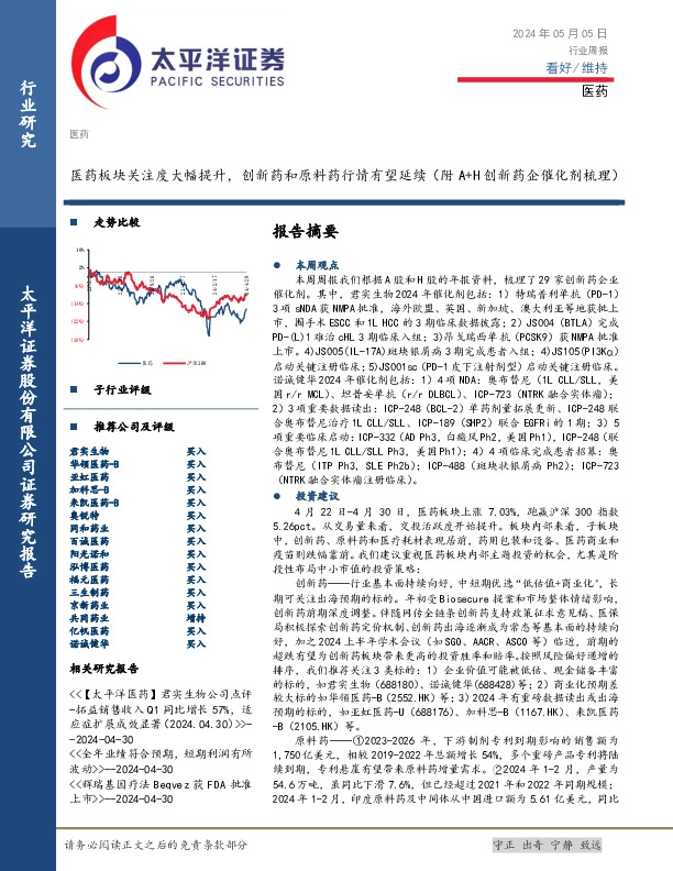 医药行业周报：医药板块关注度大幅提升，创新药和原料药行情有望延续（附A+H创新药企催化剂梳理）