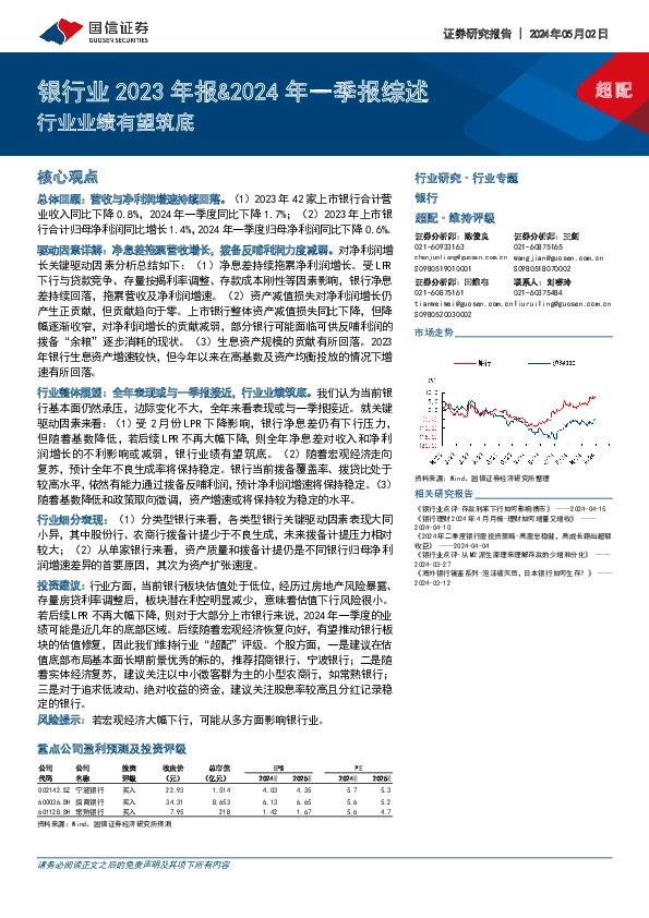 银行业2023年报&2024年一季报综述：行业业绩有望筑底
