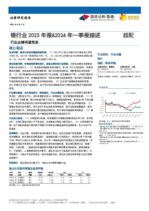 银行业2023年报&2024年一季报综述：行业业绩有望筑底