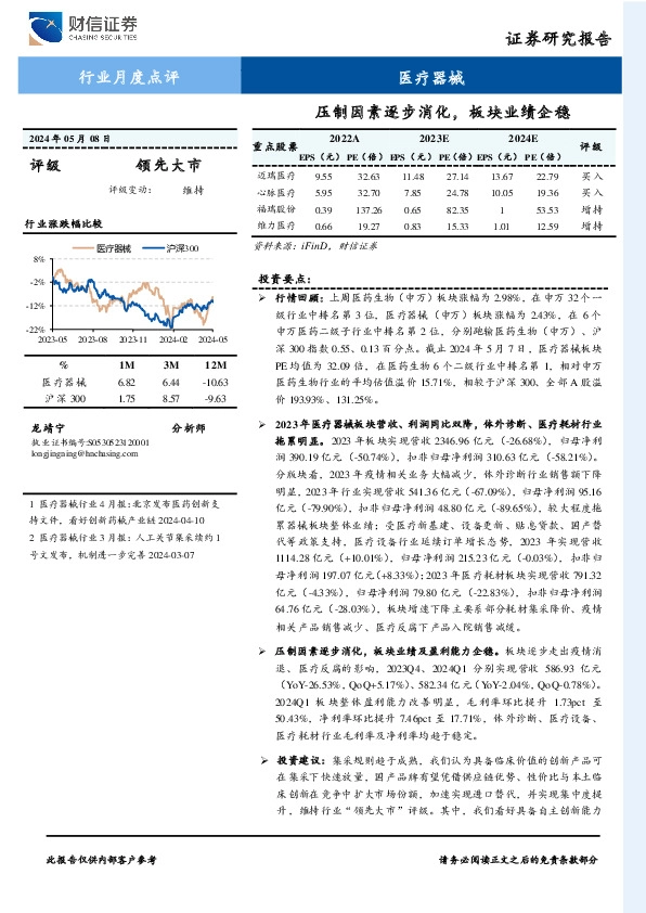 医疗器械行业月度点评：压制因素逐步消化，板块业绩企稳