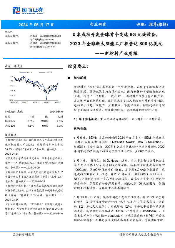 新材料产业周报：日本成功开发全球首个高速6G无线设备，年全球新太阳能工厂投资达亿美元2023800