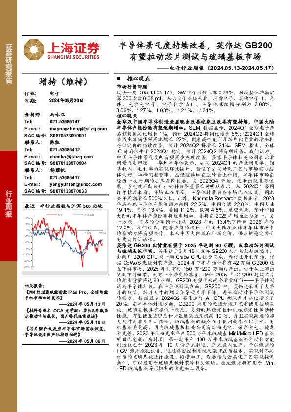 电子行业周报：半导体景气度持续改善，英伟达GB200有望拉动芯片测试与玻璃基板市场