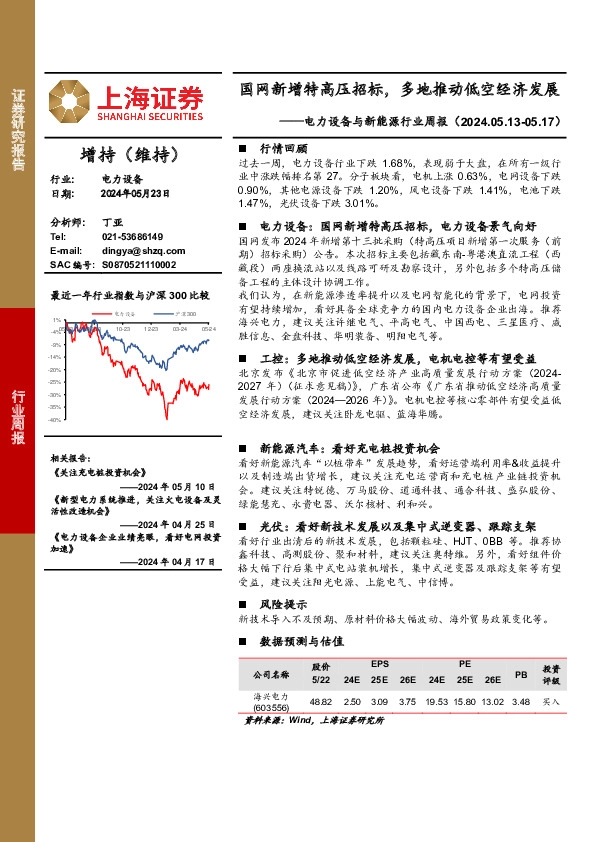 上海证券-电力设备与新能源行业周报：国网新增特高压招标，多地推动低空经济发展-240523