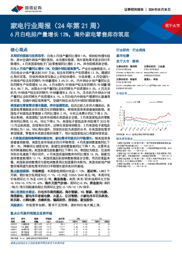 家电行业周报（24年第21周）：6月白电排产量增长13%，海外家电零售库存筑底
