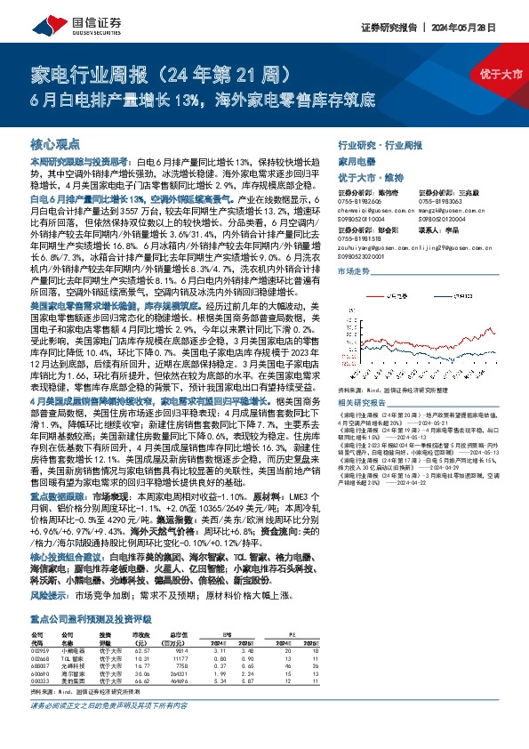 家电行业周报（24年第21周）：6月白电排产量增长13%，海外家电零售库存筑底