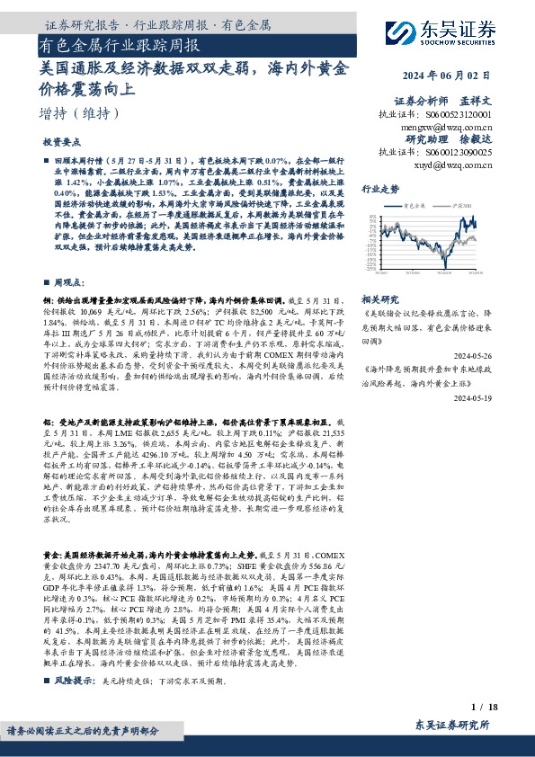 有色金属行业跟踪周报：美国通胀及经济数据双双走弱，海内外黄金价格震荡向上
