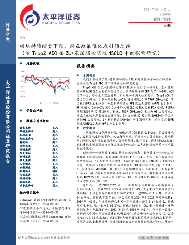 医药行业周报：板块持续缩量下跌，潜在政策催化或引领反弹（附Trop2 ADC在2L+基因驱动阴性NSCLC中的探索研究）