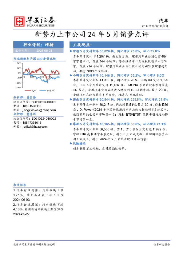 汽车：新势力上市公司24年5月销量点评
